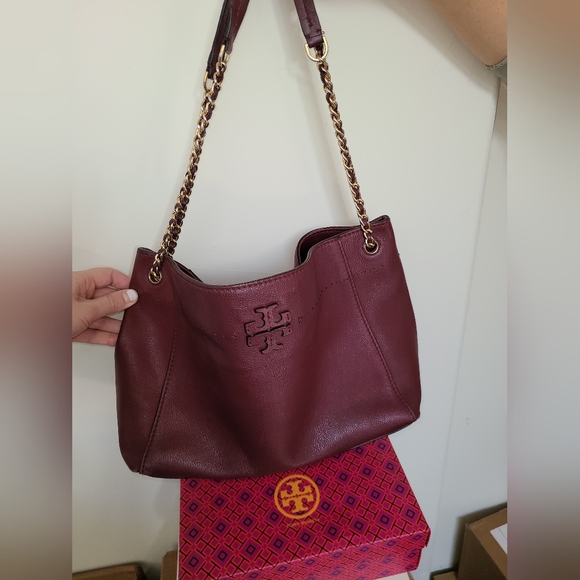 Tory Burch Designer McGraw Leather Burgundy Tote Purse Handbag - Picture 4 of 12